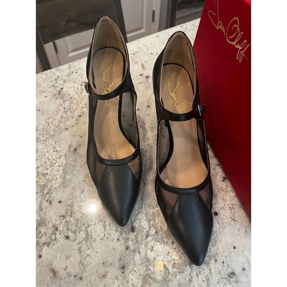 Joan Oloff Rebecca Black Leather & Mesh Ankle Strap Perfect Heel NIB Formal - Picture 2 of 8